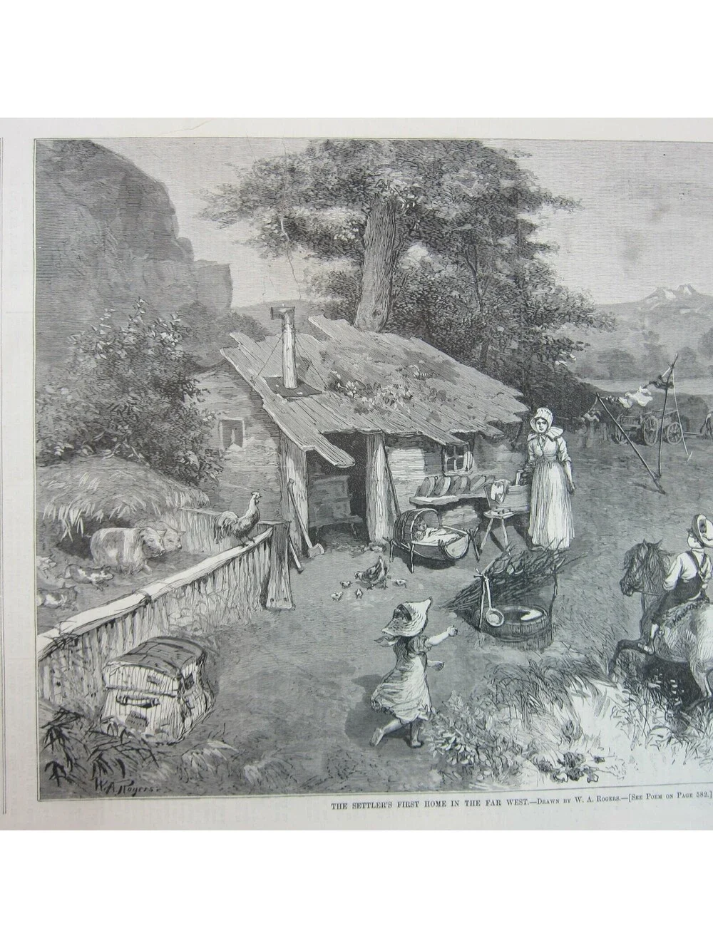 Antique 1880 Print Settlers First Home in Far West, W.A. Rogers, Harper's Weekly